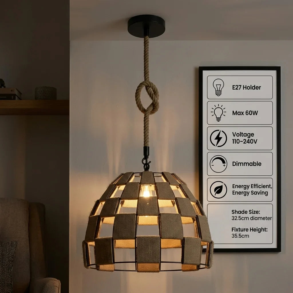 NATURVALL Hemp Rope Vintage Farmhouse Overhead Pendant Light ~1132