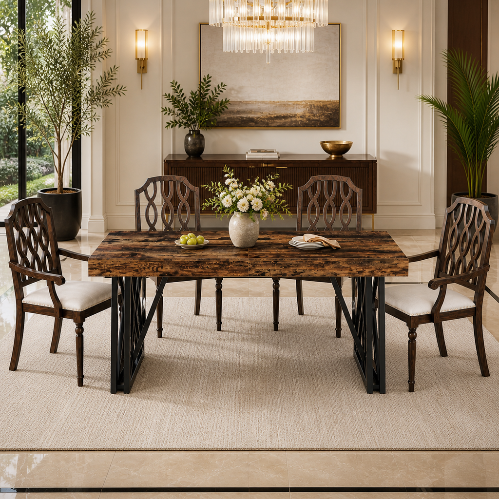 63 Inch Farmhouse Dining Table Set with 4 Upholstered Armchairs, Vintage Brown/Black