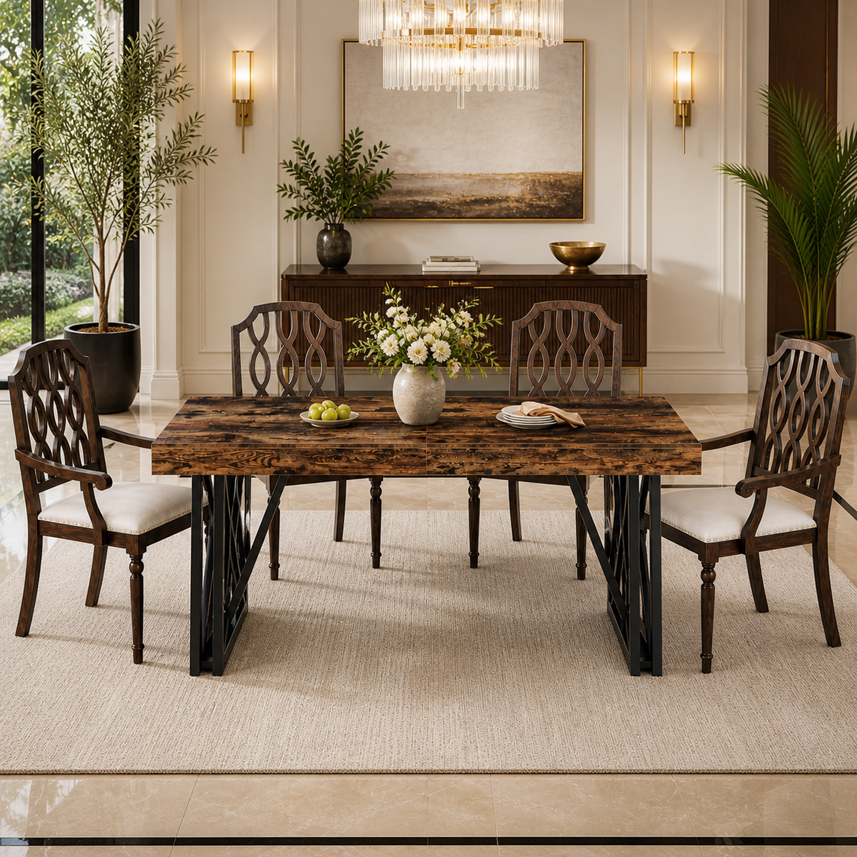 63 Inch Farmhouse Dining Table Set with 4 Upholstered Armchairs, Vintage Brown/Black