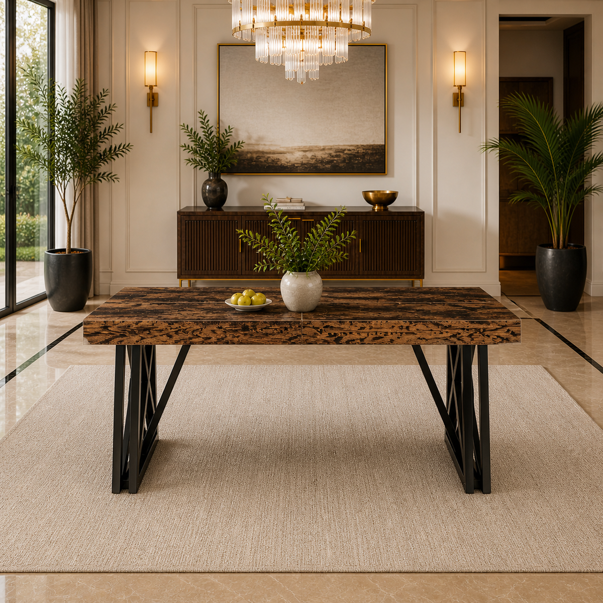 63 Inch Farmhouse Dining Table Set with 4 Upholstered Armchairs, Vintage Brown/Black