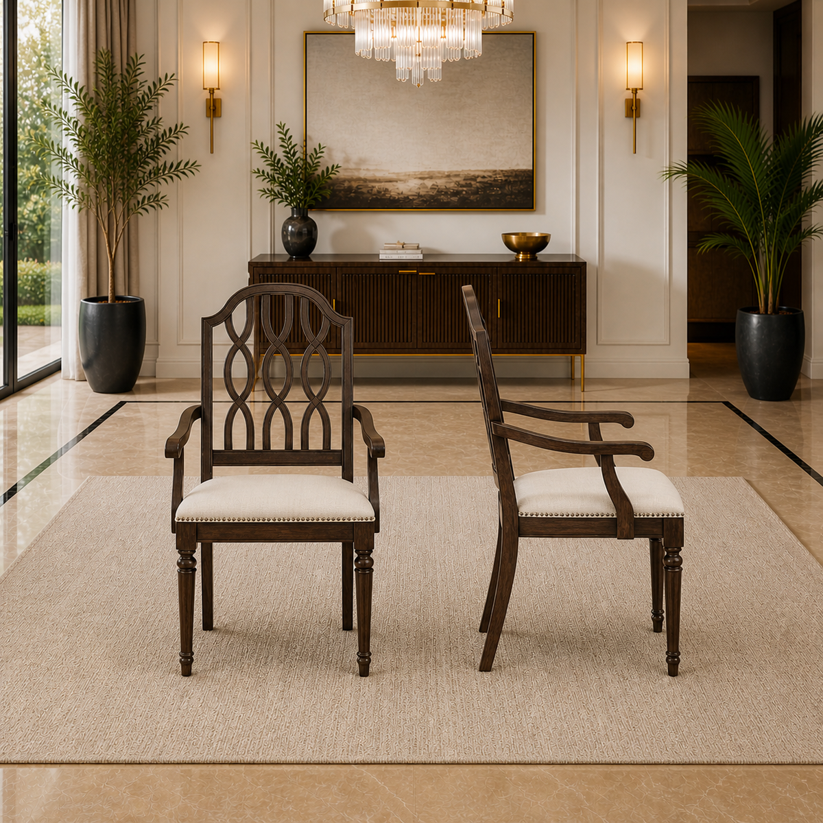 63 Inch Farmhouse Dining Table Set with 4 Upholstered Armchairs, Vintage Brown/Black