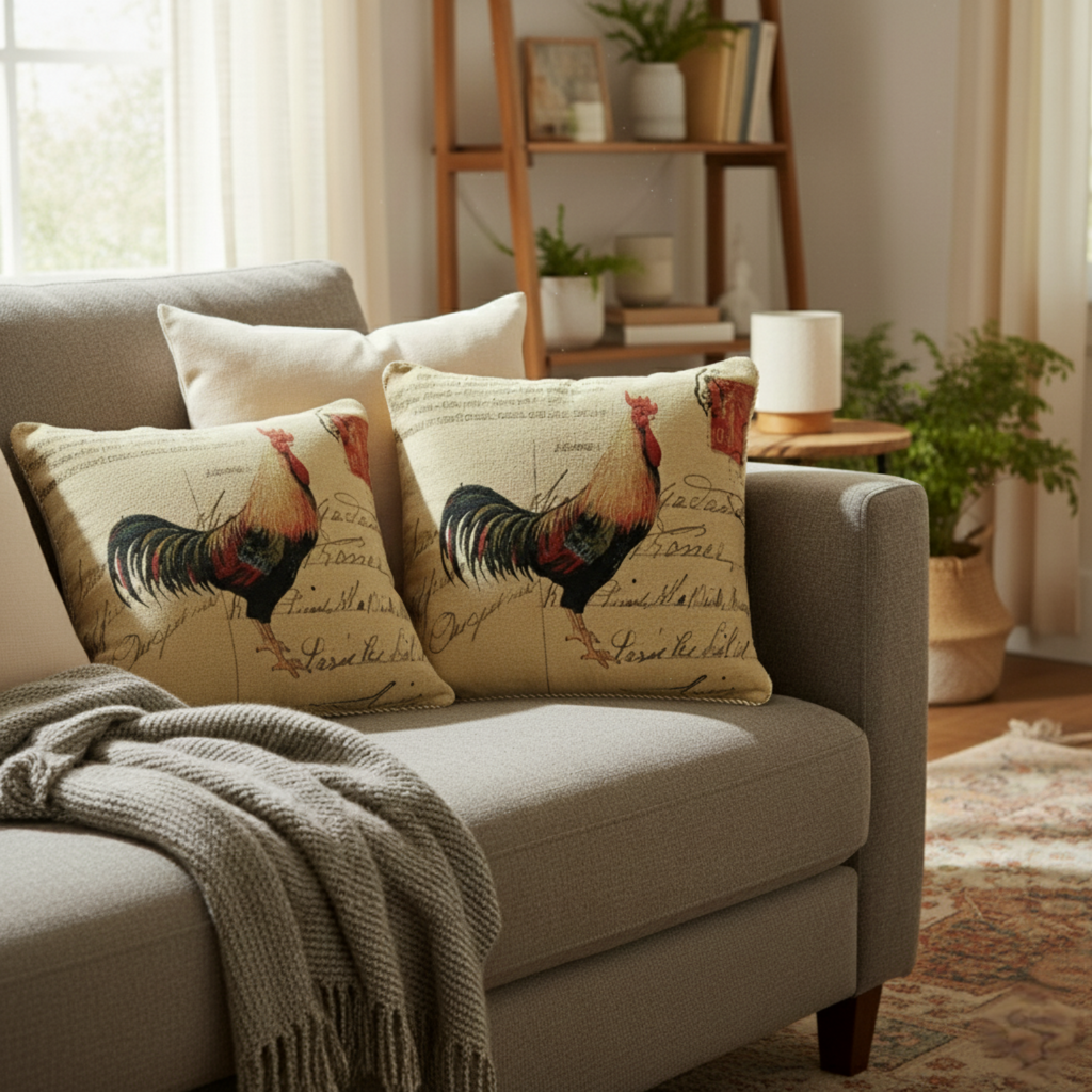 Tache Rooster Postcard European Farmhouse Cottage Vintage Tapestry Woven Throw Pillow Cover (15051)