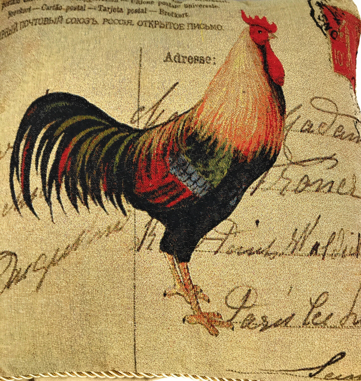 Tache Rooster Postcard European Farmhouse Cottage Vintage Tapestry Woven Throw Pillow Cover (15051)